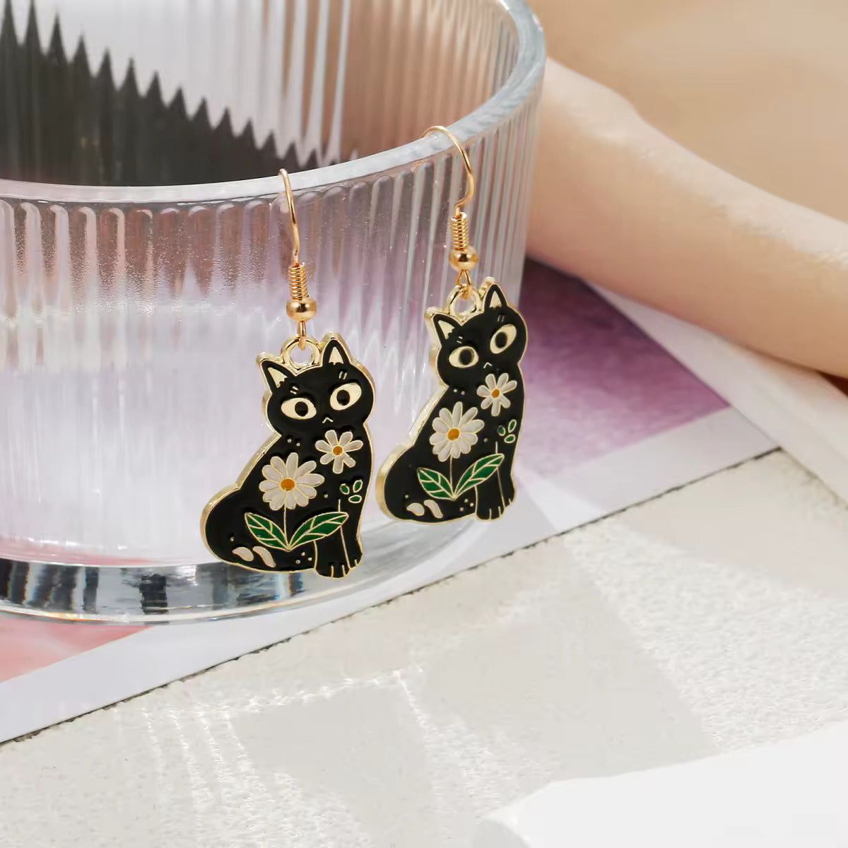 Floral Enamel Black Cat Earrings